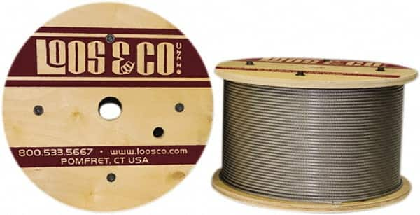 Loos & Co. - 3/16" x 3/32" Diam, Stainless Steel Wire Rope - 920 Lb Breaking Strength, 7 x 7, Vinyl Coating - Strong Tooling