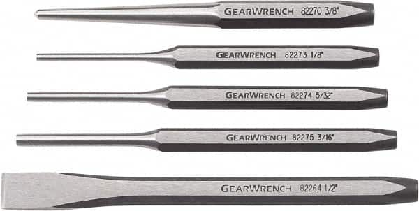 GearWrench - 5 Piece Cold Chisel, Center & Pin Punch Set - 3/8 to 1/2" Chisel, 3/8 to 1/2" Punch, Hex Shank - Strong Tooling