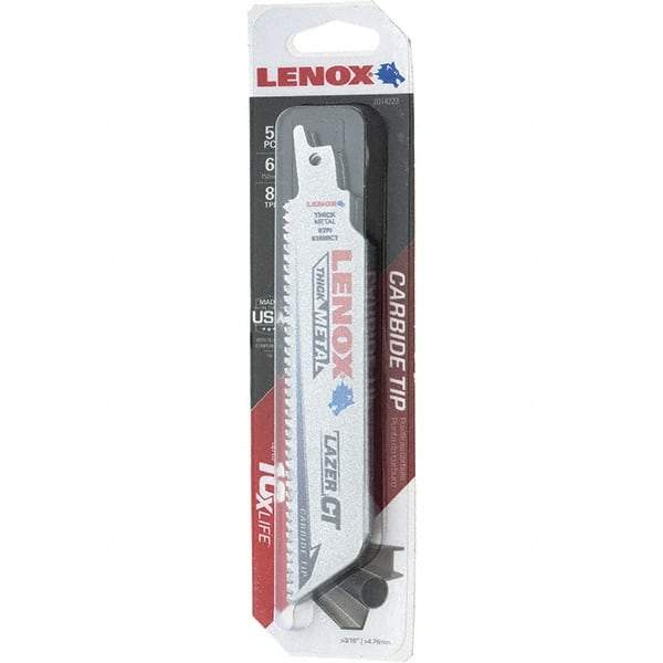 Lenox - 6" Long x 1" Thick, Bi-Metal Reciprocating Saw Blade - Tapered Profile, 8 TPI, Toothed Edge, Tang Shank - Strong Tooling