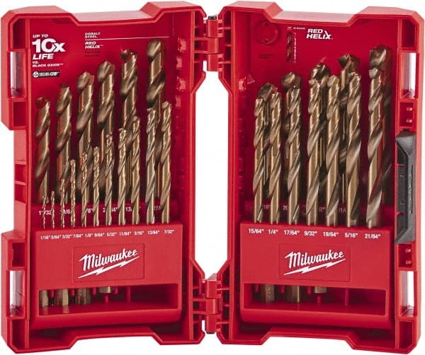 Milwaukee Tool - 1/16 to 1/2", 135° Point, Bright Finish, Cobalt Maintenance Length Drill Bit Set - Strong Tooling