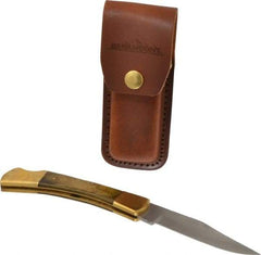 Paramount - 3-3/4" Blade, 8-1/2" OAL, Clip Point Folding Knife - 4-3/4" Closed Length, Wood, 1 Blade, Solid Brass Bolsters & Pins/Leather Sheath - Strong Tooling