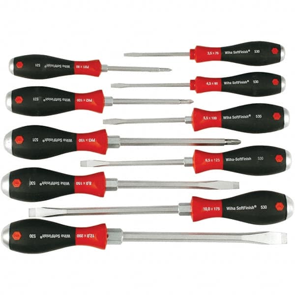 Wiha - 10 Piece Slotted & Phillips Screwdriver Set - Bit Sizes: Philips #1, #2 & #3, Comes in Box - Strong Tooling