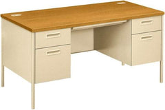 Hon - Laminate Top & Metal Base Double Pedestal Desk with Center Drawer - 60" Wide x 30" Deep x 29-1/2" High, Harvest/Putty - Strong Tooling