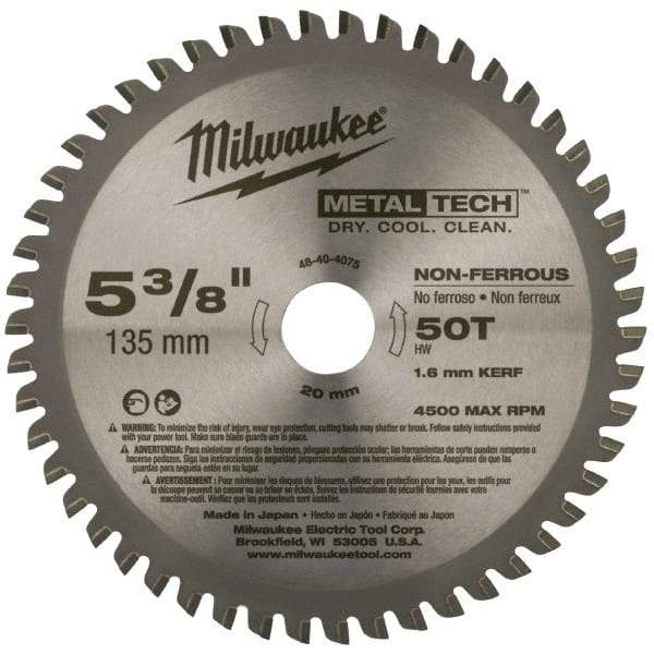 Milwaukee Tool - 5-3/8" Diam, 20mm Arbor Hole Diam, 50 Tooth Wet & Dry Cut Saw Blade - Carbide-Tipped, Standard Round Arbor - Strong Tooling