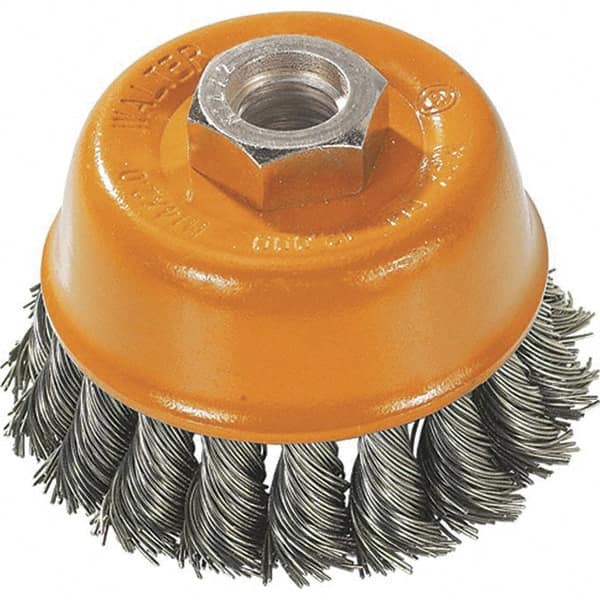 WALTER Surface Technologies - 3" Diam, 5/8-11 Threaded Arbor, Steel Fill Cup Brush - 0.015 Wire Diam, 12,000 Max RPM - Strong Tooling