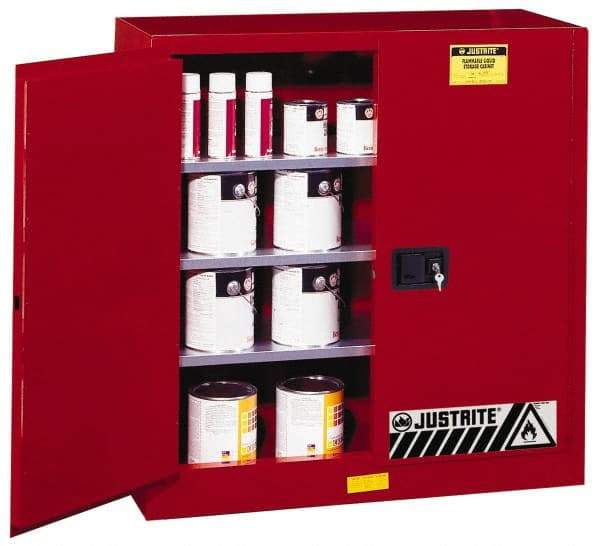 Justrite - 2 Door, 3 Shelf, Red Steel Standard Safety Cabinet for Flammable and Combustible Liquids - 44" High x 43" Wide x 18" Deep, Manual Closing Door, 3 Point Key Lock, 40 Gal Capacity - Strong Tooling