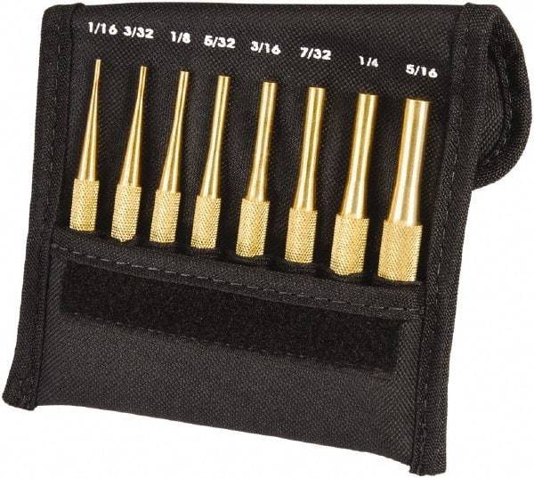 Starrett - 8 Piece, 1/16 to 5/16", Pin Punch Set - Round Shank, Brass, Comes in Pouch - Strong Tooling