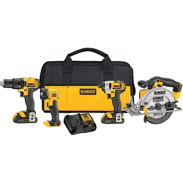 DeWALT - 20 Volt Cordless Tool Combination Kit - Includes 1/2" Drill/Driver, 1/4" Compact Impact Driver, 6-1/2" Circular Saw & Handheld Light, Lithium-Ion Battery Included - Strong Tooling