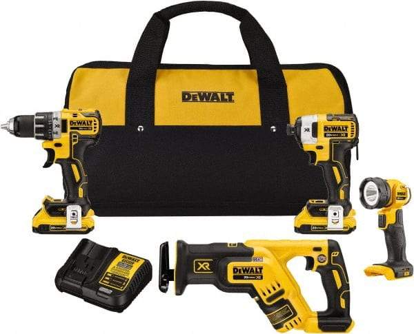 DeWALT - 20 Volt Cordless Tool Combination Kit - Includes 1/2" Drill/Driver, 1/4" Impact Driver, Reciprocating Saw & LED Worklight, Lithium-Ion Battery Included - Strong Tooling