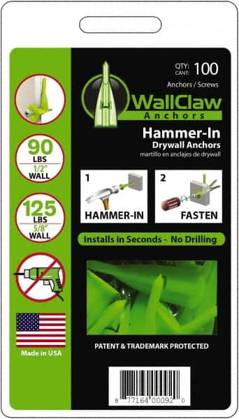 WallClaw Anchors - #8 Screw, 1/2" Diam, 2" Long, 1/4" Thick, Hammer-In Drywall & Hollow Wall Anchor - Nylon, Use with Drywall & Hollow Wall - Strong Tooling