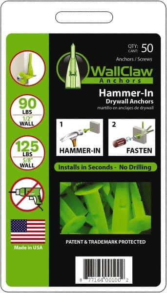 WallClaw Anchors - #8 Screw, 1/2" Diam, 2" Long, 1/4" Thick, Hammer-In Drywall & Hollow Wall Anchor - Nylon, Use with Drywall & Hollow Wall - Strong Tooling