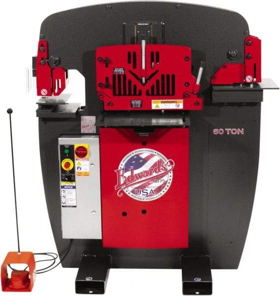 Edwards Manufacturing - 8-7/8" Throat Depth, 60 Ton Punch Pressure, 1-1/16" in 5/8" Punch Capacity Ironworker - 5 hp, 3 Phase, 460 Volts, 46-1/8" Wide x 56-1/8" High x 36-1/8" Deep - Strong Tooling