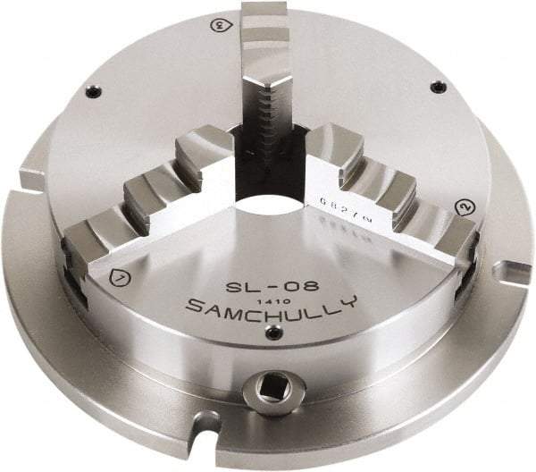 Samchully - 3 Jaw, 215mm Diam, Self Centering Manual Lathe Chuck - Plain Back Mount, Adjustable, 60mm Through Hole Diam, Forged Steel - Strong Tooling