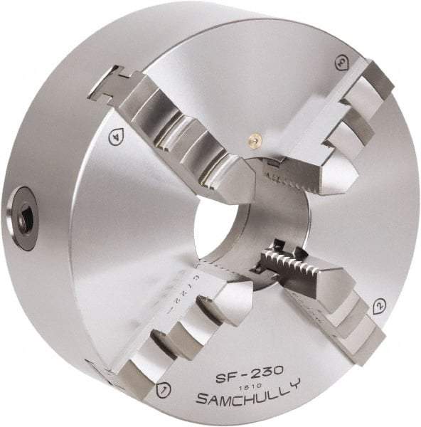 Samchully - 4 Jaw, 192mm Diam, Self Centering Manual Lathe Chuck - Rear Mount, Adjustable, 57mm Through Hole Diam, Forged Steel - Strong Tooling