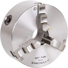 Samchully - 3 Jaw, 85mm Diam, Self Centering Manual Lathe Chuck - Rear Mount, Adjustable, 16mm Through Hole Diam, Forged Steel - Strong Tooling