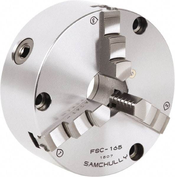 Samchully - 3 Jaw, 167mm Diam, Self Centering Manual Lathe Chuck - Front Mount, Adjustable, 45mm Through Hole Diam, Forged Steel - Strong Tooling