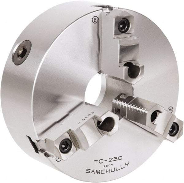 Samchully - 3 Jaw, 232mm Diam, Self Centering Manual Lathe Chuck - Rear Mount, Adjustable, 75mm Through Hole Diam, Forged Steel - Strong Tooling