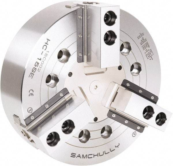 Samchully - 3 Jaw, 450mm Chuck Diam, Plain Back Mount, 0mm Through Hole Diam, Drawbar Hydraulic Power Lathe Chuck - 1.5mm x 60° Serrated Jaw Interface, 2,710 RPM, Steel Body - Strong Tooling