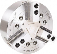 Samchully - 3 Jaw, 381mm Chuck Diam, Plain Back Mount, 0mm Through Hole Diam, Drawbar Hydraulic Power Lathe Chuck - 1.5mm x 60° Serrated Jaw Interface, 3,040 RPM, Steel Body - Strong Tooling