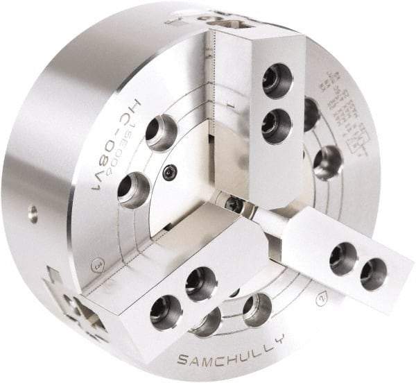 Samchully - 3 Jaw, 800mm Chuck Diam, Plain Back Mount, 0mm Through Hole Diam, Drawbar Hydraulic Power Lathe Chuck - 3mm x 60° Serrated Jaw Interface, 800 RPM, Steel Body - Strong Tooling