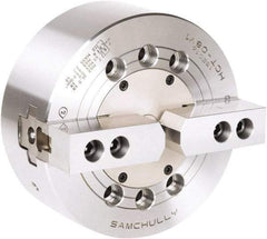 Samchully - 2 Jaw, 165mm Chuck Diam, Plain Back Mount, 0mm Through Hole Diam, Drawbar Hydraulic Power Lathe Chuck - 1.5mm x 60° Serrated Jaw Interface, 5,000 RPM, Steel Body - Strong Tooling