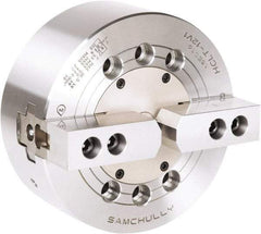 Samchully - 2 Jaw, 210mm Chuck Diam, Plain Back Mount, 0mm Through Hole Diam, Drawbar Hydraulic Power Lathe Chuck - 1.5mm x 60° Serrated Jaw Interface, 3,600 RPM, Steel Body - Strong Tooling