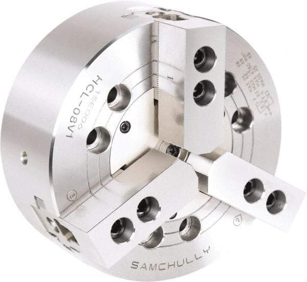 Samchully - 3 Jaw, 254mm Chuck Diam, Plain Back Mount, 0mm Through Hole Diam, Drawbar Hydraulic Power Lathe Chuck - 1.5mm x 60° Serrated Jaw Interface, 3,100 RPM, Steel Body - Strong Tooling