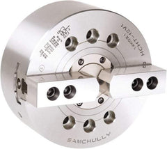 Samchully - 2 Jaw, 381mm Chuck Diam, Plain Back Mount, 0mm Through Hole Diam, Drawtube Hydraulic Power Lathe Chuck - 1.5mm x 60° Serrated Jaw Interface, 2,500 RPM, Steel Body - Strong Tooling