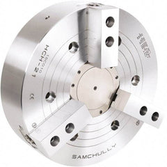 Samchully - 3 Jaw, 530mm Chuck Diam, Plain Back Mount, 140mm Through Hole Diam, Drawtube Hydraulic Power Lathe Chuck - 3mm x 60° Serrated Jaw Interface, 1,700 RPM, Steel Body - Strong Tooling