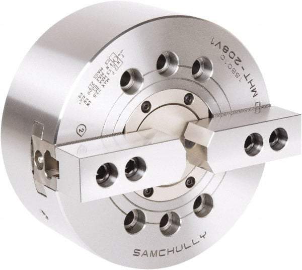 Samchully - 2 Jaw, 175mm Chuck Diam, Plain Back Mount, 52mm Through Hole Diam, Drawtube Hydraulic Power Lathe Chuck - 1.5mm x 60° Serrated Jaw Interface, 6,000 RPM, Steel Body - Strong Tooling