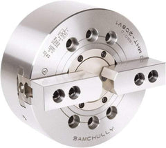 Samchully - 2 Jaw, 210mm Chuck Diam, Plain Back Mount, 66mm Through Hole Diam, Drawtube Hydraulic Power Lathe Chuck - 1.5mm x 60° Serrated Jaw Interface, 5,000 RPM, Steel Body - Strong Tooling