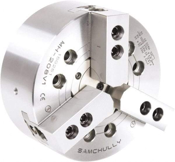 Samchully - 3 Jaw, 254mm Chuck Diam, Plain Back Mount, 82mm Through Hole Diam, Drawtube Hydraulic Power Lathe Chuck - 1.5mm x 60° Serrated Jaw Interface, 4,500 RPM, Steel Body - Strong Tooling