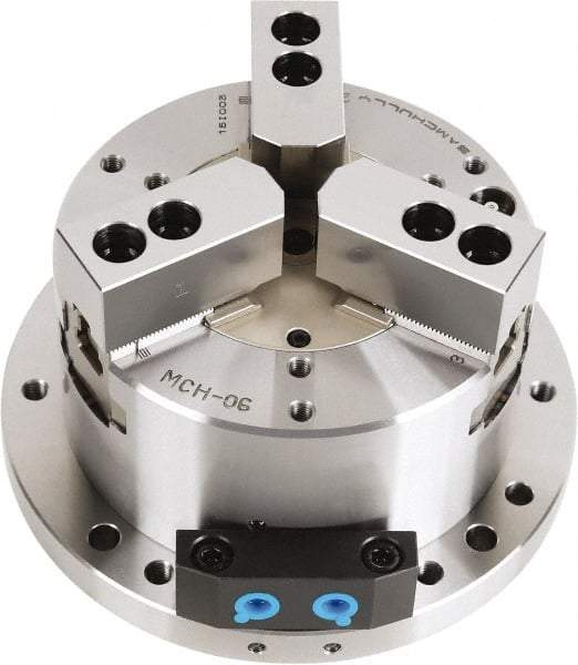 Samchully - 3 Jaw, 300mm Chuck Diam, Plain Back Mount, 0mm Through Hole Diam, Self-Contained Hydraulic Power Lathe Chuck - 1.5mm x 60° Serrated Jaw Interface, Steel Body - Strong Tooling