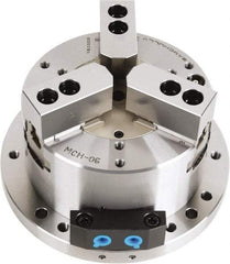 Samchully - 3 Jaw, 210mm Chuck Diam, Plain Back Mount, 0mm Through Hole Diam, Self-Contained Hydraulic Power Lathe Chuck - 1.5mm x 60° Serrated Jaw Interface, Steel Body - Strong Tooling