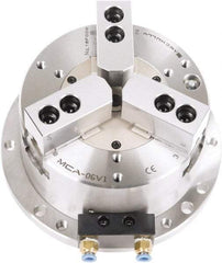 Samchully - 3 Jaw, 300mm Chuck Diam, Plain Back Mount, 0mm Through Hole Diam, Self-Contained Air Power Lathe Chuck - 1.5mm x 60° Serrated Jaw Interface, Steel Body - Strong Tooling