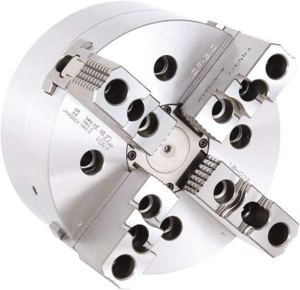 Samchully - 4 Jaw, 210mm Chuck Diam, Plain Back Mount, 0mm Through Hole Diam, Drawbar Hydraulic Power Lathe Chuck - 1.5mm x 60° Serrated Jaw Interface, 4,000 RPM, Steel Body - Strong Tooling