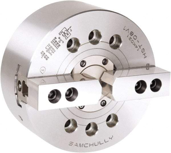 Samchully - 2 Jaw, 304mm Chuck Diam, Plain Back Mount, 91mm Through Hole Diam, Drawtube Hydraulic Power Lathe Chuck - 1.5mm x 60° Serrated Jaw Interface, 3,300 RPM, Steel Body - Strong Tooling