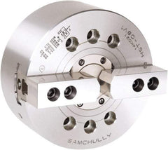 Samchully - 2 Jaw, 254mm Chuck Diam, Plain Back Mount, 77mm Through Hole Diam, Drawtube Hydraulic Power Lathe Chuck - 1.5mm x 60° Serrated Jaw Interface, 4,200 RPM, Steel Body - Strong Tooling