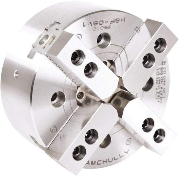 Samchully - 3 Jaw, 165mm Chuck Diam, Plain Back Mount, 33mm Through Hole Diam, Drawtube Hydraulic Power Lathe Chuck - 1.5mm x 60° Serrated Jaw Interface, 3,300 RPM, Steel Body - Strong Tooling