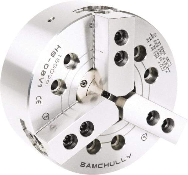 Samchully - 3 Jaw, 304mm Chuck Diam, Plain Back Mount, 91mm Through Hole Diam, Drawtube Hydraulic Power Lathe Chuck - 1.5mm x 60° Serrated Jaw Interface, 3,300 RPM, Steel Body - Strong Tooling