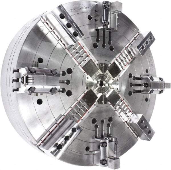 Samchully - 4 Jaw, 1400mm Chuck Diam, Plain Back Mount, 0mm Through Hole Diam, Drawbar Hydraulic Power Lathe Chuck - Tongue & Groove Jaw Interface, 400 RPM, Steel Body - Strong Tooling