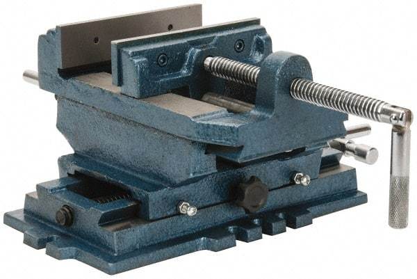 Interstate - 5-3/4" Jaw Opening Capacity x 1-1/2" Throat Depth, Horizontal Drill Press Vise - 6" Wide x 1-31/64" High Jaw, Cross Slide Base, Standard Speed, 11-1/2" OAL x 6.2" Overall Height, Cast Iron - Strong Tooling