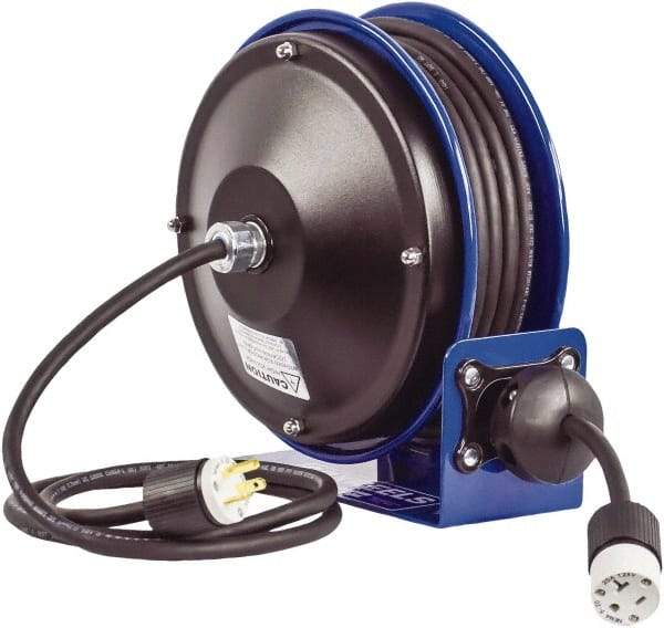 CoxReels - 16 AWG, 30' Cable Length, Cord & Cable Reel with Outlet End - 1 Outlet, NEMA 5-15R, 13 Amps, 115 Volts, SJO Cable, Blue Reel, Spring Driven Reel - Strong Tooling