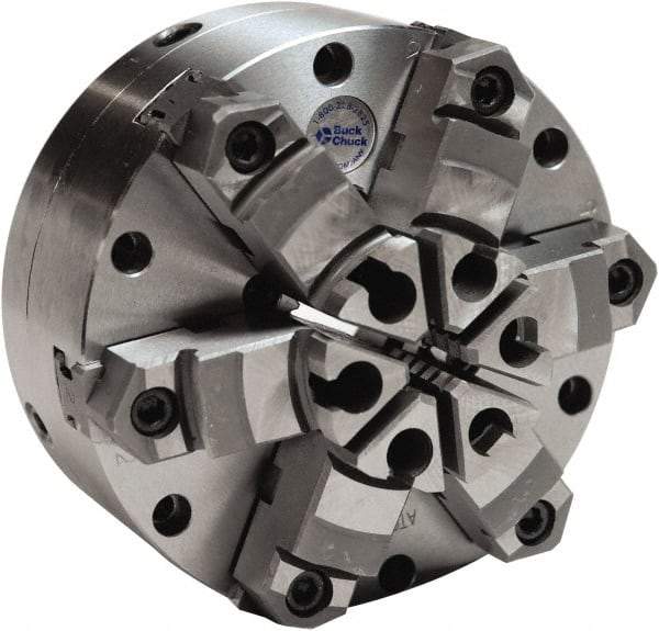 Buck Chuck Company - 6 Jaws, 10" Diam, Self Centering Manual Lathe Chuck - Plain Back Mount Spindle, Adjustable, Reversible, 1,600 Max RPM, 2-63/64" Through Hole Diam, Cast Iron - Strong Tooling