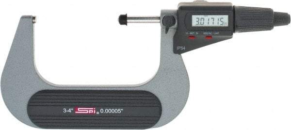 SPI - 3 to 4" Range, 0.00005" Resolution, Standard Throat IP54 Electronic Outside Micrometer - 0.0002" Accuracy, Friction Thimble, Carbide-Tipped Face, LR44 Battery, Includes NIST Traceable Certification of Inspection - Strong Tooling