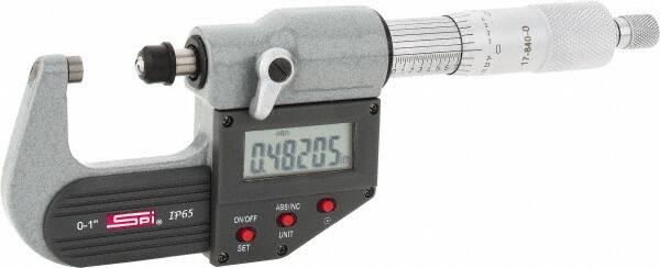 SPI - 0 to 1" Range, 0.00005" Resolution, Standard Throat IP65 Electronic Outside Micrometer - 0.0001" Accuracy, Ratchet Stop Thimble, Carbide-Tipped Face, LR44 Battery, Includes NIST Traceable Certification of Inspection - Strong Tooling