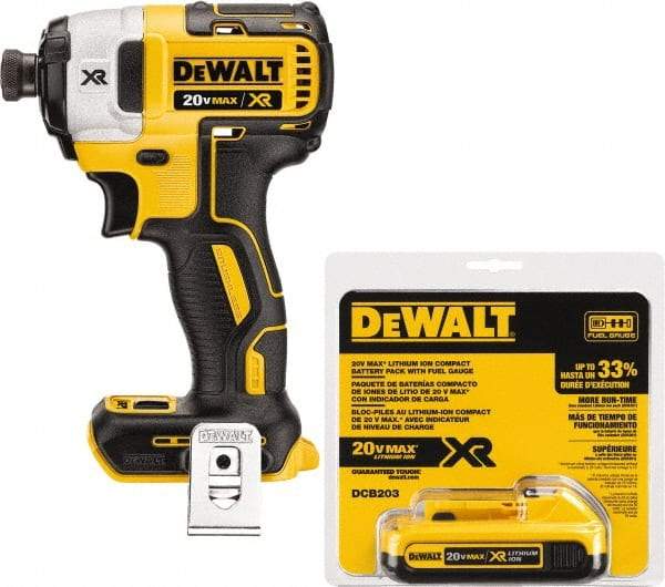 DeWALT - 20 Volt, 1/4" Drive, 20, 125, 152 Ft/Lb Torque, Cordless Impact Driver - 1000, 2800, 3250 RPM, 1 Lithium-Ion Battery Included - Strong Tooling