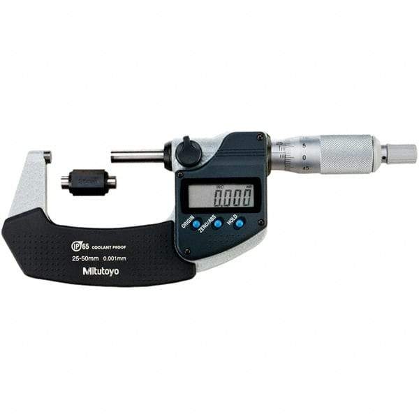 Mitutoyo - Standard Throat IP65 Electronic Outside Micrometer - Ratchet Stop Thimble, Carbide-Tipped Face, SR44 Battery - Strong Tooling