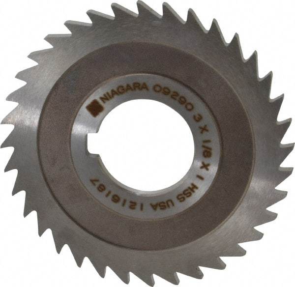 Keo - 3" Diam x 1/8" Blade Thickness x 1" Arbor Hole Diam, 36 Tooth Slitting and Slotting Saw - Arbor Connection, Right Hand, Uncoated, High Speed Steel, 10° Rake, Concave Ground - Strong Tooling