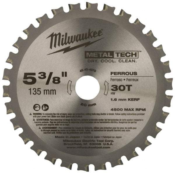 Milwaukee Tool - 5-3/8" Diam, 20mm Arbor Hole Diam, 30 Tooth Wet & Dry Cut Saw Blade - Carbide-Tipped, Standard Round Arbor - Strong Tooling